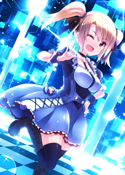 Anime picture 628x876 with idolmaster idolmaster cinderella girls suzuki ayane ima (lm ew) single long hair tall image open mouth blonde hair smile red eyes twintails bent knee (knees) one eye closed wink hand on hip light checkered floor floor girl