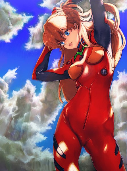 Anime picture 746x1000 with neon genesis evangelion gainax soryu asuka langley boyaking(sbf) single long hair tall image looking at viewer blue eyes sky cloud (clouds) sunlight orange hair from below arms behind head girl pilot suit