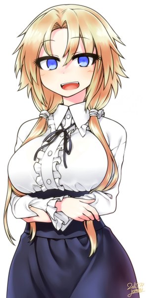Anime picture 1277x2596 with original himekawa hinari chankodining waka single long hair tall image looking at viewer blush fringe breasts open mouth blue eyes simple background blonde hair smile hair between eyes large breasts standing white background twintails