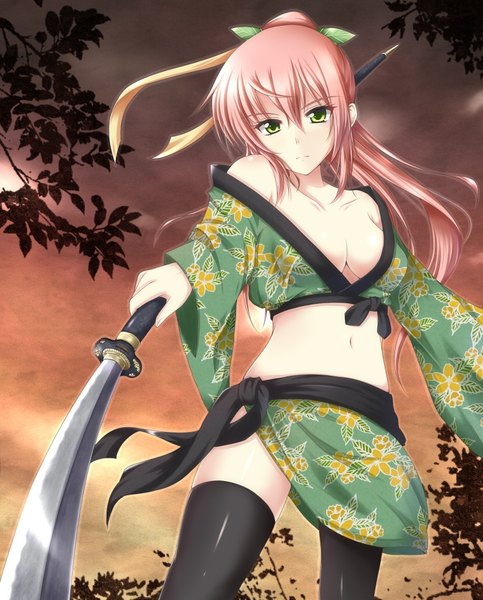 Anime picture 825x1025 with original jiino single long hair tall image looking at viewer breasts light erotic green eyes pink hair ponytail girl thighhighs navel weapon black thighhighs naginata