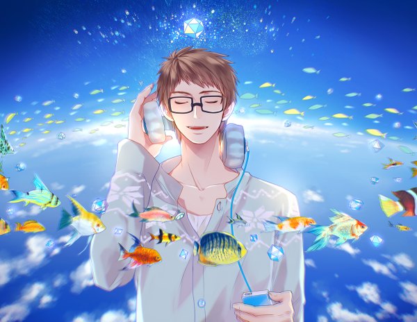 Anime picture 1200x929 with original raito (niniright 0405) single short hair open mouth brown hair sky cloud (clouds) eyes closed light smile open collar space music boy shirt glasses headphones fish (fishes) crystal planet