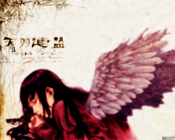 Anime picture 1280x1024 with haibane renmei reki (haibane) abe yoshitoshi single long hair highres simple background purple hair eyes closed crossed arms third-party edit girl wings feather (feathers) halo