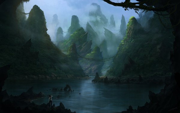 Anime picture 1500x938 with original blinck (artist) wide image from behind mountain landscape fog lake plant (plants) water
