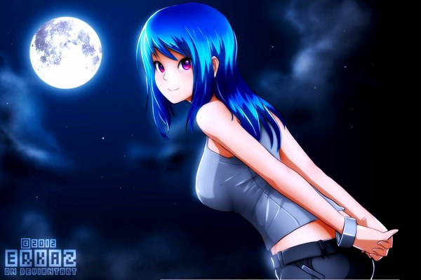 Anime picture 1144x764 with original rina atherina erkaz single long hair smile blue hair cloud (clouds) pink eyes looking back night sky hands behind back girl star (stars) full moon