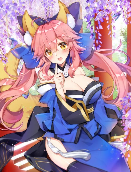 Anime picture 667x873 with fate (series) fate/extra fate/extella tamamo (fate) (all) tamamo no mae (fate) pingo single long hair tall image looking at viewer blush fringe breasts open mouth light erotic smile hair between eyes large breasts sitting twintails