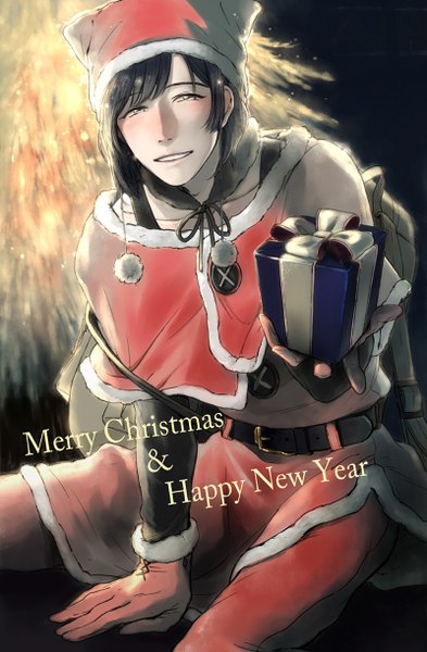 Anime picture 800x1222 with dramatical murder nitro+chiral sei (dramatical murder) norang (artist) single tall image blush fringe short hair black hair simple background smile inscription grey eyes black background christmas new year merry christmas fireworks boy