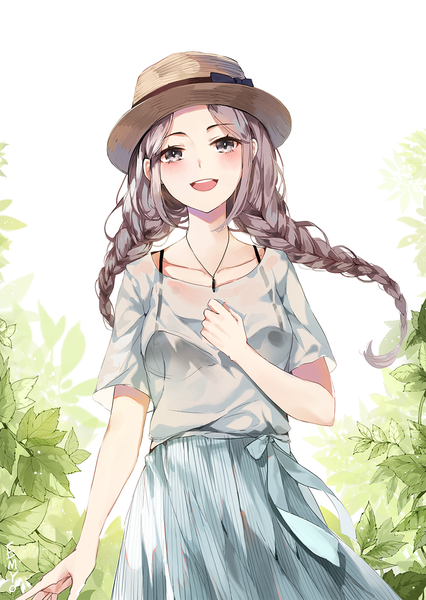 Anime picture 900x1266 with original emyo single long hair tall image looking at viewer open mouth light erotic smile standing upper body outdoors braid (braids) :d grey hair short sleeves grey eyes twin braids hand on chest girl