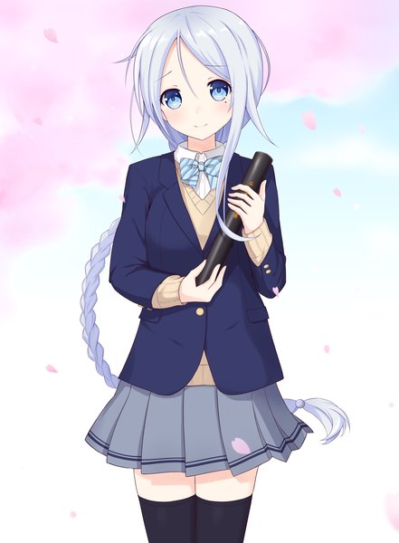 Anime picture 2432x3308 with kantai collection umikaze (kantai collection) shirotae hiwa single long hair tall image looking at viewer blush fringe highres blue eyes hair between eyes silver hair braid (braids) light smile mole alternate costume zettai ryouiki mole under eye cherry blossoms