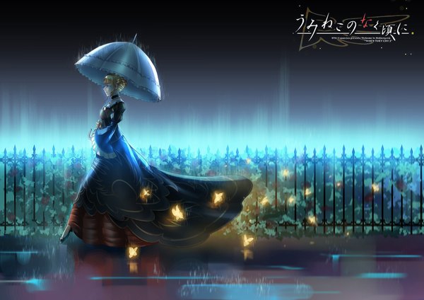 Anime picture 1800x1273 with umineko no naku koro ni beatrice madcocoon single highres short hair blue eyes blonde hair profile rain girl dress insect butterfly umbrella fence