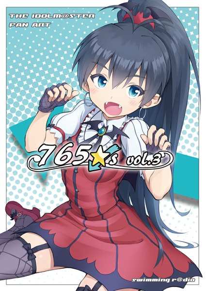 Anime picture 708x1000 with idolmaster ganaha hibiki mofu single long hair tall image looking at viewer open mouth blue eyes black hair sitting ahoge ponytail inscription teeth fang (fangs) wariza my dear vampire girl thighhighs