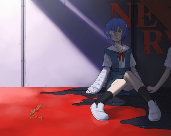 Anime picture 1280x1024 with neon genesis evangelion gainax ayanami rei pantyshot sitting blood