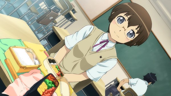 Anime picture 1280x720 with ore no imouto ga konna ni kawaii wake ga nai tamura manami short hair smile brown hair wide image game cg grey eyes girl uniform school uniform glasses food desk obento