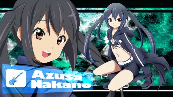 Anime picture 1920x1080 with k-on! kyoto animation nakano azusa long hair highres black hair wide image twintails brown eyes cosplay black rock shooter (cosplay) girl navel jacket shorts bikini top
