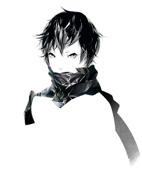 Anime picture 1200x1449 with kantai collection ri-class heavy cruiser sousou (sousouworks) single tall image looking at viewer short hair black hair simple background white background upper body grey eyes monochrome girl scarf