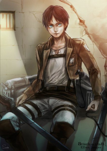 Anime picture 1563x2210 with shingeki no kyojin production i.g eren yaeger tall image looking at viewer short hair blue eyes brown hair sitting inscription open clothes open jacket boy weapon sword jacket boots belt thigh strap