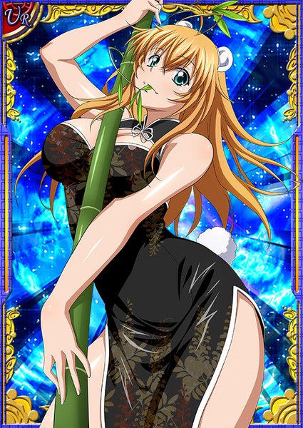 Anime picture 567x800 with ikkitousen sonsaku hakufu single long hair tall image looking at viewer fringe breasts light erotic blonde hair hair between eyes large breasts holding green eyes animal ears payot ahoge tail traditional clothes animal tail