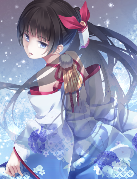 Anime picture 613x800 with original yasuno (airy light) single long hair tall image fringe blue eyes black hair blunt bangs traditional clothes parted lips japanese clothes looking back from above back snowing winter snow transparent girl