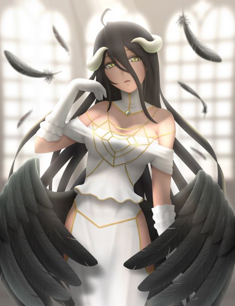 Anime picture 1000x1300 with overlord (maruyama) madhouse albedo (overlord) siraha single long hair tall image looking at viewer open mouth black hair yellow eyes low wings girl dress gloves wings white gloves feather (feathers)