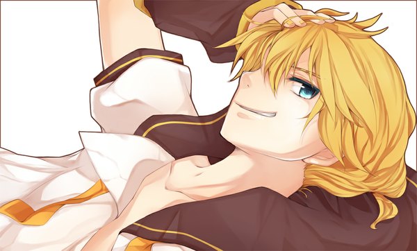 Anime picture 1000x604 with vocaloid kagamine len mukkun single looking at viewer fringe short hair blue eyes simple background blonde hair smile wide image white background lying profile hair over one eye open clothes open shirt boy detached sleeves