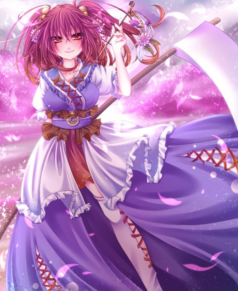 Anime picture 1000x1221 with touhou onozuka komachi fetefeteli single tall image looking at viewer short hair red eyes red hair hair flower two side up girl dress hair ornament flower (flowers) petals scythe