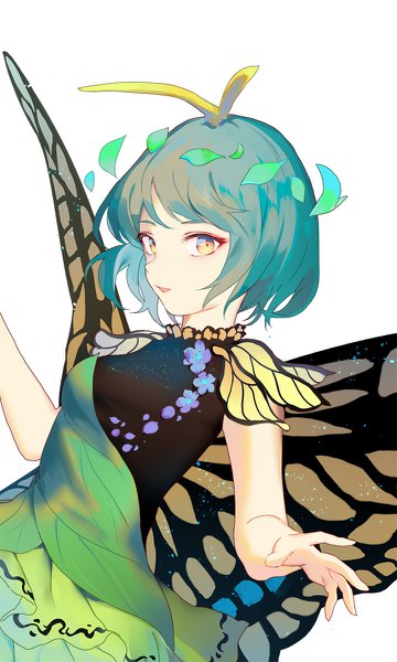 Anime picture 720x1200 with touhou eternity larva hillly (maiwetea) single tall image looking at viewer fringe short hair simple background smile white background yellow eyes blue hair upper body parted lips light smile spread arms insect wings butterfly wings antennae