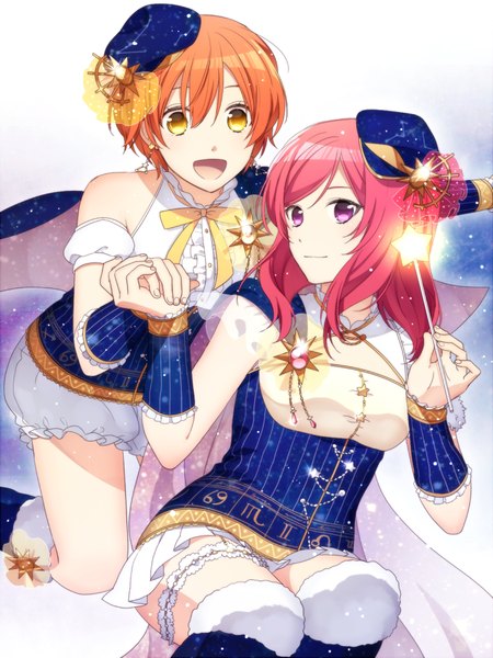 Anime picture 682x910 with love live! school idol project sunrise (studio) love live! nishikino maki hoshizora rin akira (natsumemo) tall image looking at viewer fringe short hair breasts open mouth smile hair between eyes purple eyes bare shoulders yellow eyes red hair orange hair sleeveless