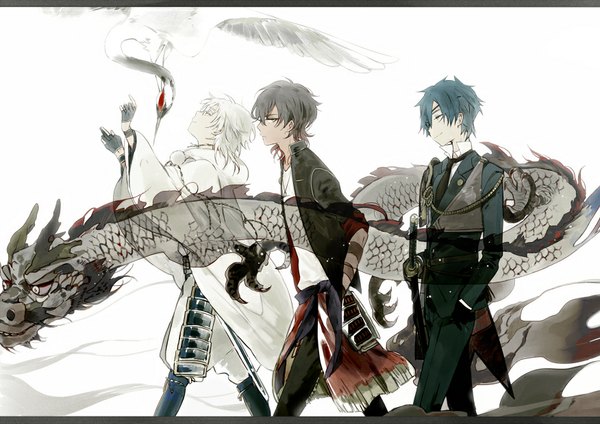 Anime picture 876x620 with touken ranbu nitroplus tsurumaru kuninaga ookurikara shokudaikiri mitsutada daken looking at viewer fringe short hair black hair simple background smile white background holding yellow eyes blue hair looking away white hair traditional clothes head tilt