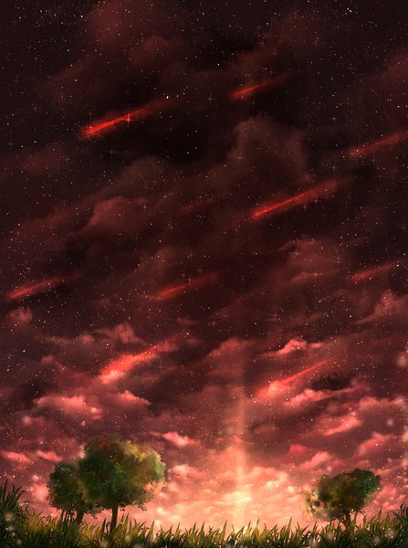 Anime picture 890x1194 with original czy tall image cloud (clouds) evening sunset no people meteor rain plant (plants) tree (trees) grass