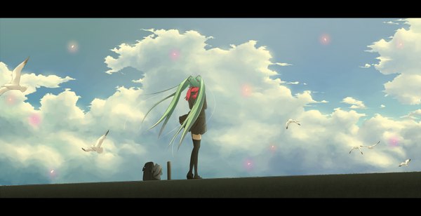 Anime picture 1750x900 with vocaloid hatsune miku haz first music long hair highres wide image twintails cloud (clouds) green hair from behind girl thighhighs black thighhighs animal serafuku bird (birds)