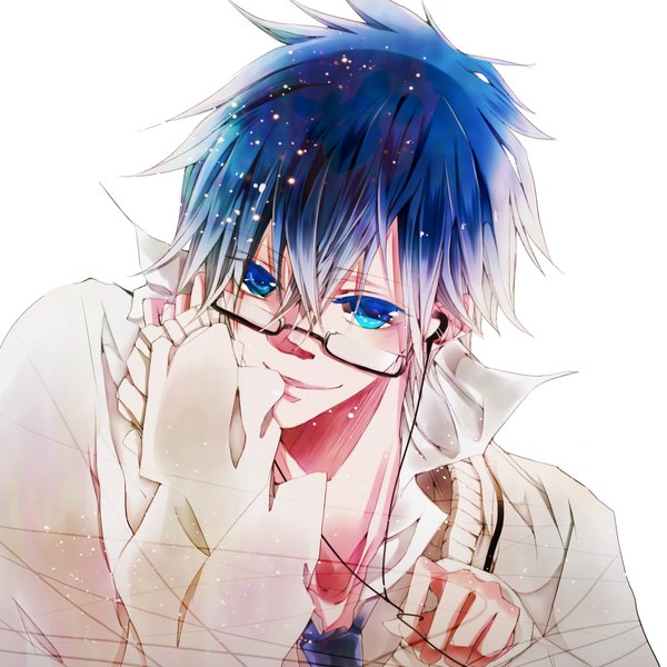 Anime picture 1850x1850 with vocaloid kaito (vocaloid) daiviad looking at viewer highres short hair blue eyes white background blue hair open collar boy glasses necktie headphones sweater wire (wires)