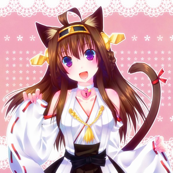 Anime picture 1000x1000 with kantai collection kongou battleship door to heaven single long hair looking at viewer blush open mouth brown hair purple eyes animal ears ahoge tail traditional clothes animal tail cat ears cat girl cat tail kemonomimi mode nontraditional miko