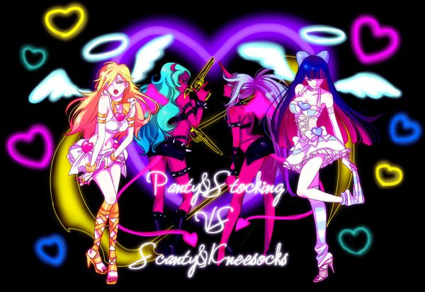 Anime picture 1200x827 with panty & stocking with garterbelt anarchy stocking anarchy panty kneesocks (character) scanty long hair fringe blonde hair bare shoulders multiple girls silver hair purple hair ponytail multicolored hair horn (horns) green hair hair over one eye midriff demon girl colored inner hair
