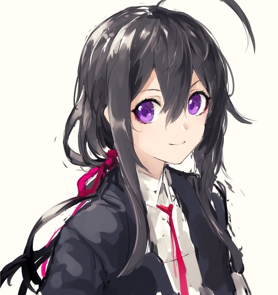 Anime picture 1600x1700 with touken ranbu nitroplus namazuo toushirou maido mido single long hair tall image looking at viewer fringe black hair simple background smile hair between eyes white background purple eyes payot upper body ahoge from above low ponytail