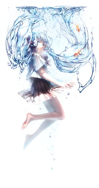 Anime picture 900x1700 with vocaloid hatsune miku bottle miku dekatanaba single long hair tall image looking at viewer fringe blue eyes blue hair bent knee (knees) pleated skirt barefoot bare legs underwater revision liquid hair girl skirt