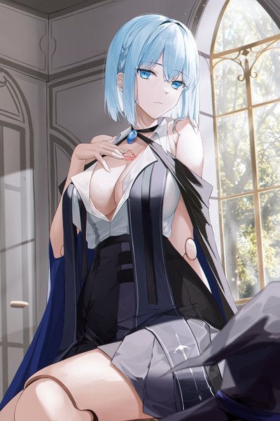 Anime picture 3000x4500 with original kuro (rudyan0128) single tall image looking at viewer fringe highres short hair breasts blue eyes light erotic hair between eyes large breasts sitting payot blue hair cleavage indoors braid (braids) arm up
