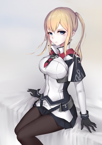Anime picture 1240x1754 with kantai collection graf zeppelin (kantai collection) liu lan single long hair tall image breasts blue eyes blonde hair sitting twintails girl gloves pantyhose black gloves necktie