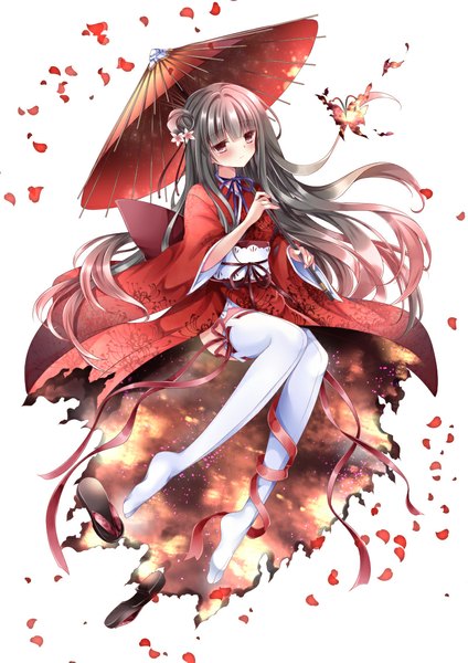 Anime picture 800x1132 with original nogi takayoshi single tall image blush black hair simple background white background brown eyes very long hair traditional clothes japanese clothes hair flower girl thighhighs hair ornament flower (flowers) petals white thighhighs kimono