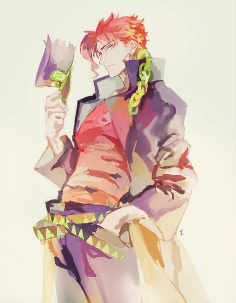 Anime picture 736x947 with jojo no kimyou na bouken kakyoin noriaki tagme (artist) single tall image looking at viewer short hair simple background standing green eyes red hair profile grey background hand in pocket cosplay hat removed kuujou joutarou (cosplay) boy hat earrings