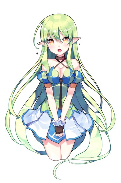 Anime picture 646x975 with elsword rena erindel mechuragi single tall image looking at viewer fringe breasts open mouth simple background hair between eyes white background sitting bare shoulders yellow eyes cleavage bent knee (knees) very long hair green hair pointy ears