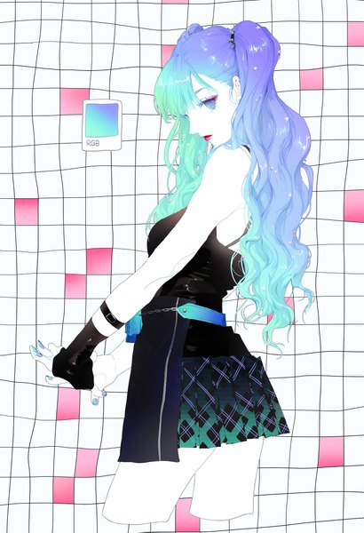 Anime picture 1500x2197 with original moss (2225028) single long hair tall image looking at viewer fringe blue eyes twintails bare shoulders purple hair nail polish profile pleated skirt multicolored hair aqua hair sleeveless lipstick outstretched arm plaid skirt