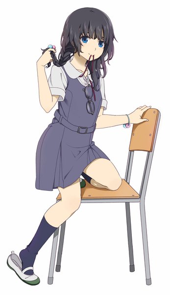 Anime picture 662x1142 with original mattaku mousuke single long hair tall image looking at viewer blue eyes black hair smile white background holding mouth hold girl uniform school uniform socks glasses black socks