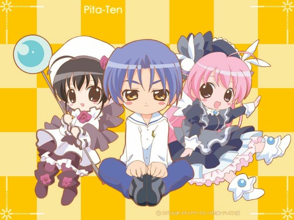 Anime picture 1024x768 with pita ten misha (pita ten) shia (pita ten) higuchi kotarou long hair looking at viewer blush fringe short hair open mouth sitting multiple girls holding brown eyes blue hair pink hair full body arm up inscription copyright name