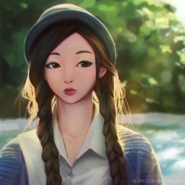 Anime picture 900x900 with original guweiz single long hair brown hair twintails brown eyes looking away close-up open collar girl hat leaf (leaves)