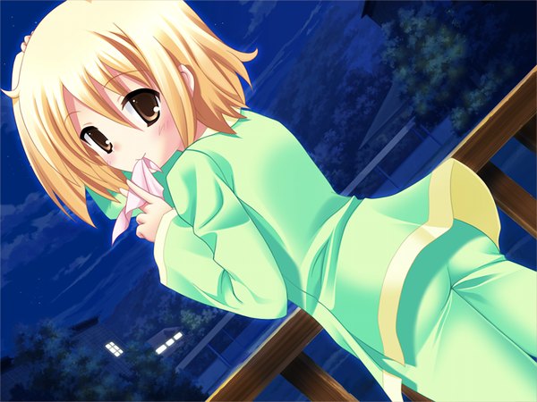 Anime picture 1024x768 with green strawberry short hair blonde hair smile brown eyes game cg looking back from behind night loli mouth hold hand on head girl pajamas
