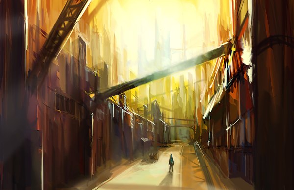 Anime picture 1224x792 with original tobiee single shadow city silhouette street building (buildings)