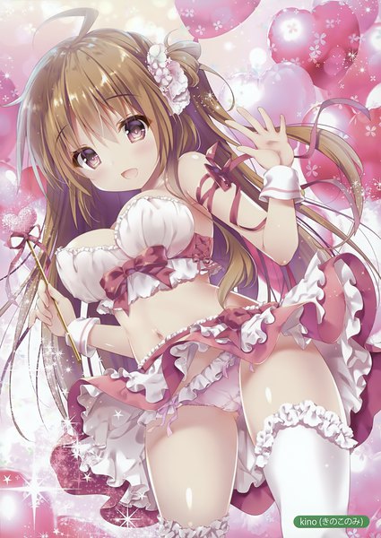 Anime picture 2481x3500 with melonbooks kino (kino konomi) single long hair tall image looking at viewer blush highres open mouth light erotic brown hair purple eyes ahoge scan from below midriff one side up girl thighhighs skirt