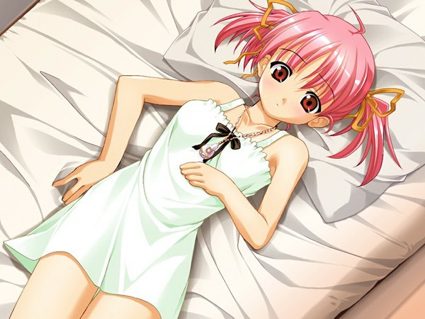 Anime picture 1024x768 with anonono tooyama kokoro red eyes twintails pink hair game cg ahoge lying from above on back hand on chest short twintails girl ribbon (ribbons) pillow pendant bed necklace sundress