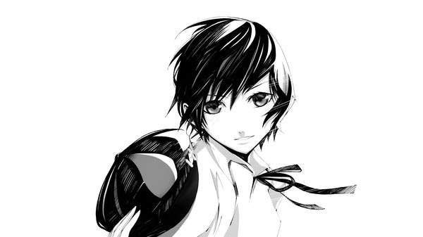 Anime picture 2155x1211 with persona 4 shin megami tensei persona shirogane naoto tagme (artist) single looking at viewer blush highres short hair simple background wide image white background wind monochrome girl peaked cap