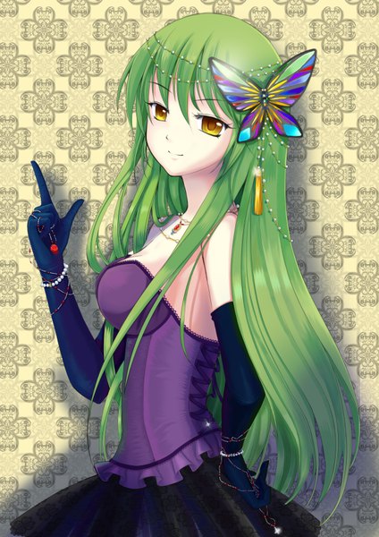 Anime picture 2480x3507 with code geass sunrise (studio) c.c. clotho (clotho ls) single long hair tall image highres yellow eyes green hair girl gloves hair ornament elbow gloves insect butterfly jewelry butterfly hair ornament corset