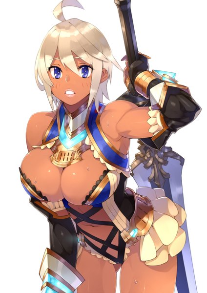 Anime picture 1446x2046 with original real xxiii's dark skinned girl 23 (real xxiii) single tall image blush short hair breasts blue eyes light erotic simple background blonde hair large breasts white background ahoge abs girl weapon sword